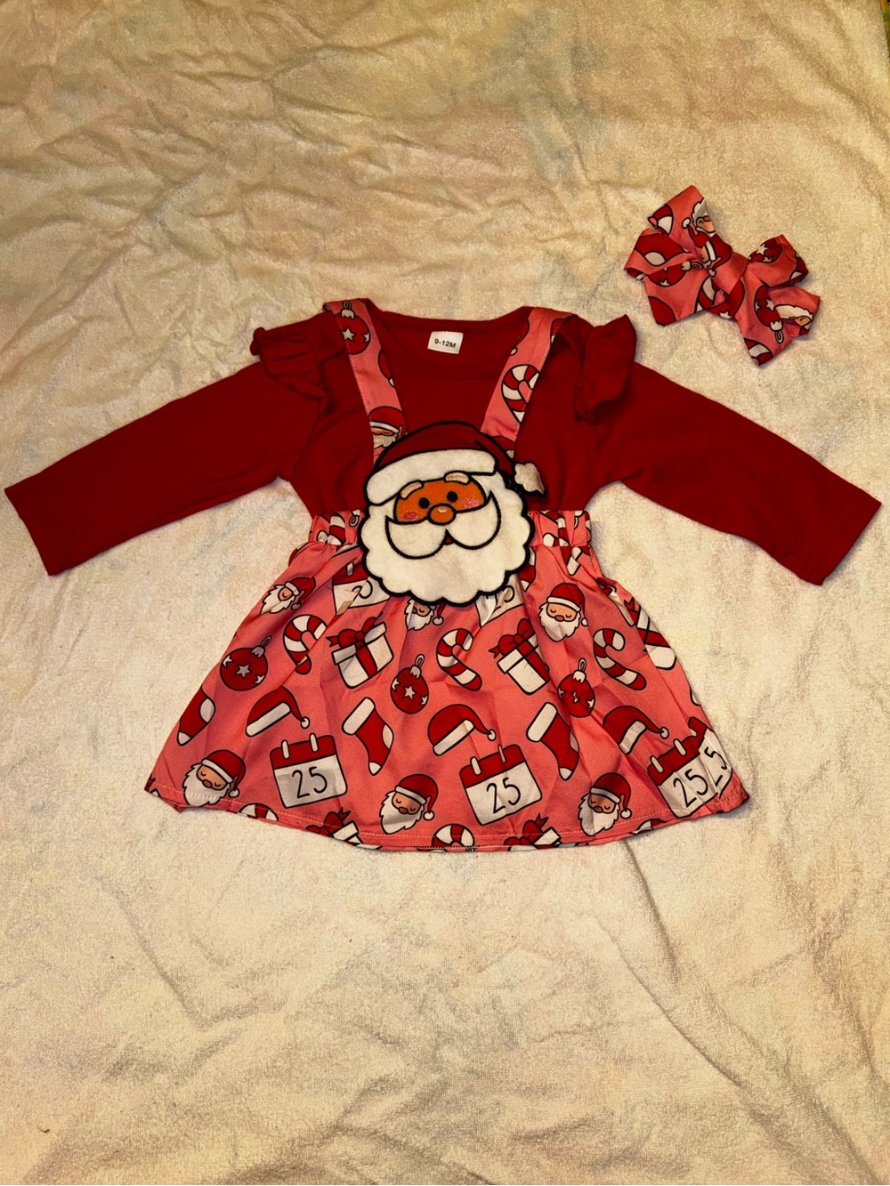 Girls' Red Santa Pinafore Dress with Bow